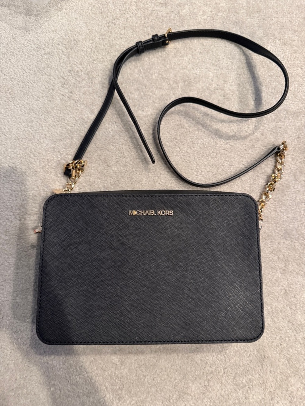 Michael Kors Black Leather Crossbody with Gold Chain